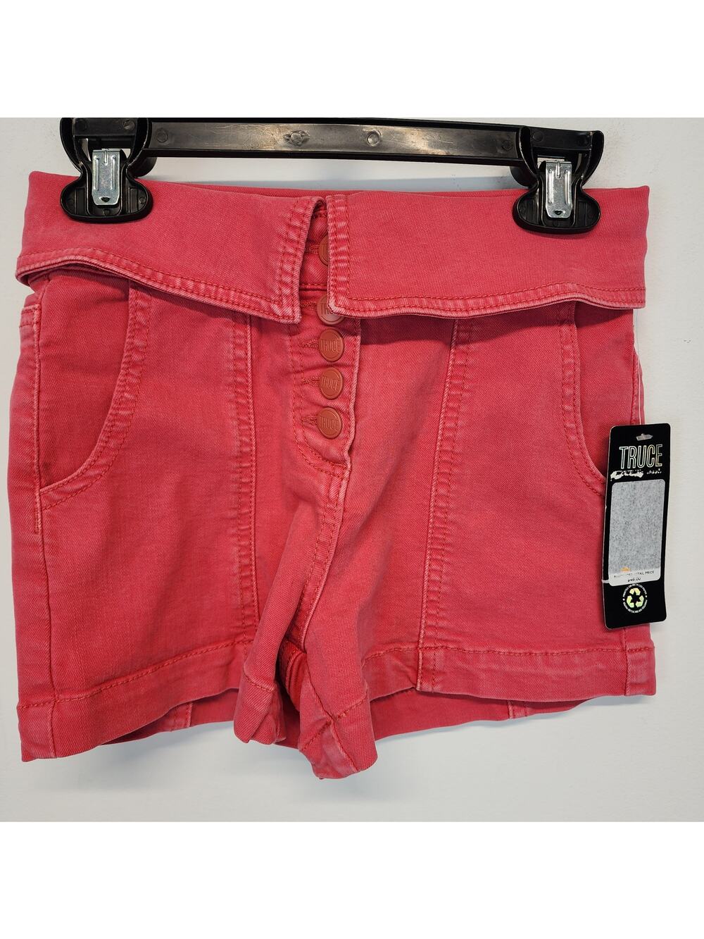 Truce Girls Pink Denim Shorts Size 7 Snap Front Garment Dye Casual Stretch Soft